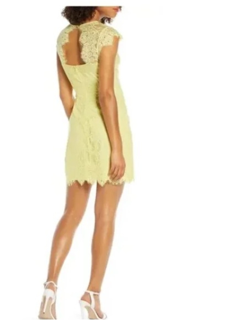 BB Dakota Pale Yellow Lace Midi Dress with Sheer Yoke